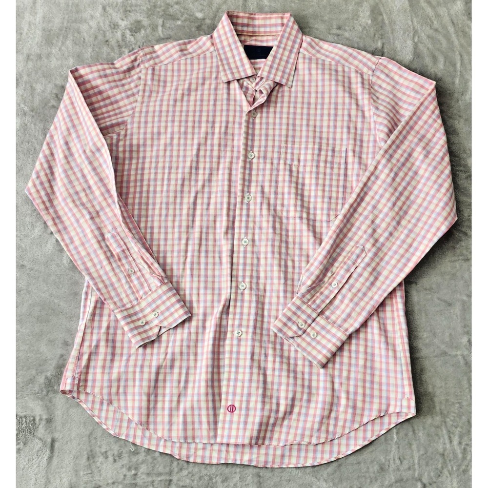 Beautiful David Donahue Pink‎ Plaid Shirt Spread Collar LG